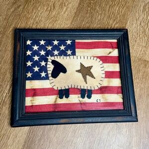 Primitive Framed Sheep Artwork US Flag Fabric 10x12 Farmhouse Rustic Decor